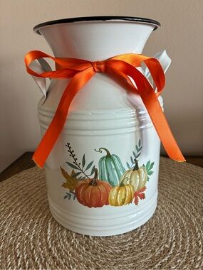 Milk Can/Vase White Enamel with Autumn Pumpkin Design and Orange Ribbon EUC!